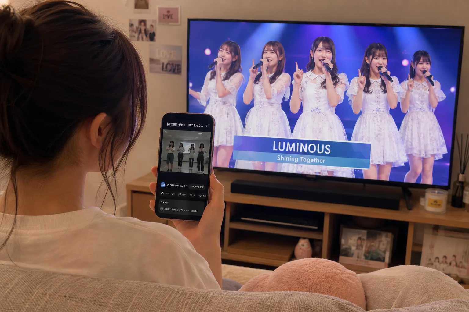 テレビで推しのライブを見ながら、手元のスマホで無名時代のクリップを見返すファン