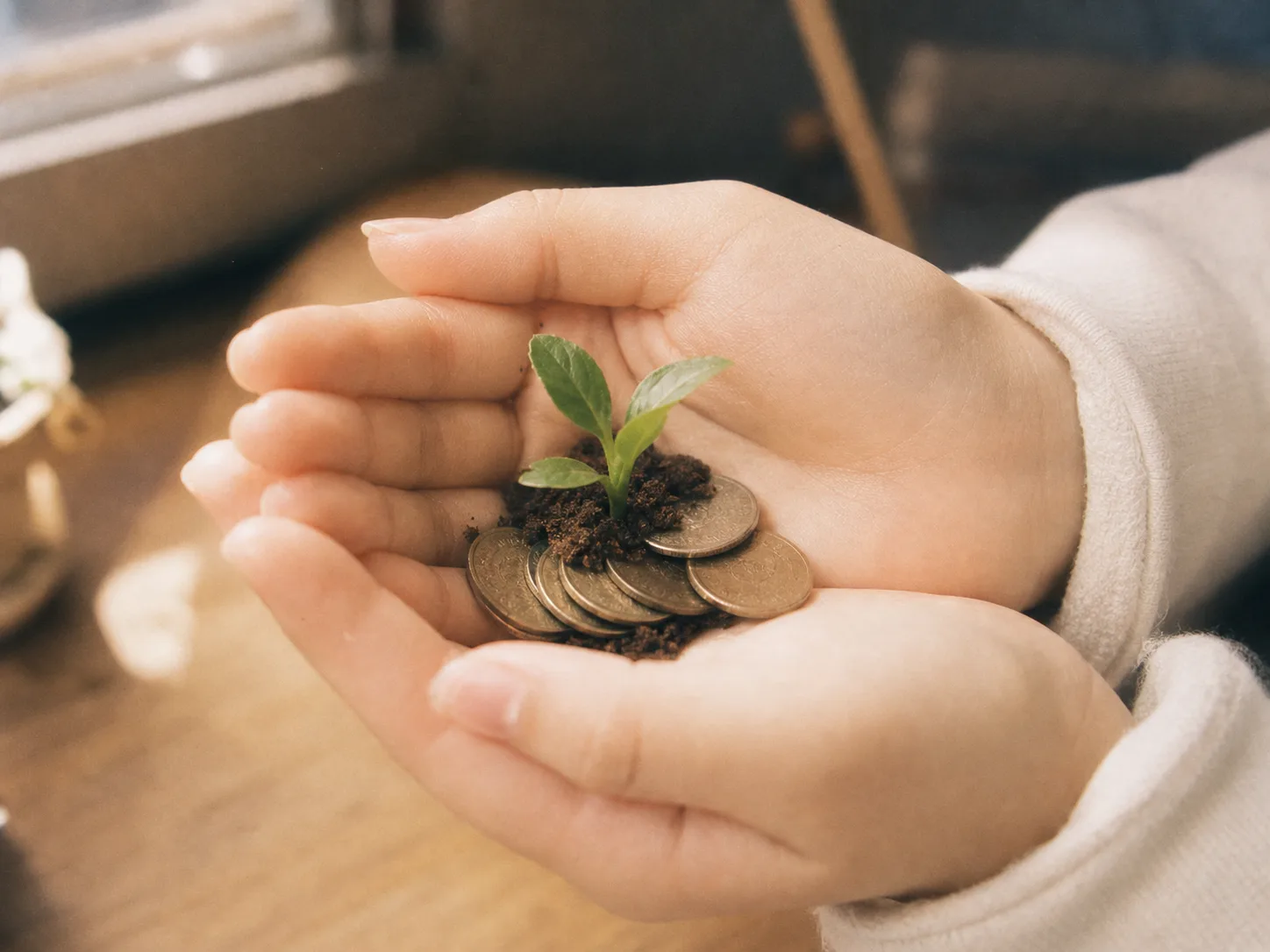 手のひらの上の硬貨から芽が伸びている。小さな出品が資産として育つイメージ